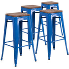 Flash Furniture - Tabouret de bar de 30 po haut en métal bleu sans dossier avec siège carré en bois-Ensemble de 4 tabourets modernes empilables de style industriel