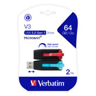 Verbatim - Store 'n' Go V3 Clé USB 3.2 Gen 1 64 Go - Rouge/Bleu - Paquet de 2-Le connecteur USB rétractable signifie qu'il n'y a pas de capuchon à perdre