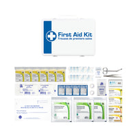 Féd. Occ. B, 6 personnes ou plus, trousse P36-• 40 Compresses de gaze, 8 Plis, 10 x 10cm• 10 Serviettes antiseptiques au chlorure de benzalkonium• 50 Bandes de pansements rectangulaires en plastique, 7,5 x 2cm• 6 Pansement triangulaire avec épingles de sûreté, 102 x 102 x 142cm• 2 Pansement compressif, 10 x 10cm• 12 Tampon de gaze, 5 x 5cm• 1 Pince à échardes droite, 9cm• 4 Paire de gants jetables• 1 Dispositif de premiers soins-RCR pour secouriste, usage unique• 1 Carnet d’inscription des accidents• 1 Cise