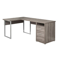Monarch Specialties - 7255 Bureau 80 po - Taupe Fonce Cote Droit Ou Gauche-Bureau d'ordinateur contemporain en forme de L, en finition stratifiée brun taupe aspect bois, soutenu par de robustes pieds en métal gris, dans un design rectangulaire moderne.