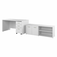 Bureau 60 po x 30 po avec retour et classeur mobile Studio C de Bush Business Furniture - blanc-L’ensemble comprend : un bureau d’ordinateur 60L x 30P, un classeur mobile à 3 tiroirs et une armoire de rangement basse avec portes et tablettes
