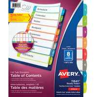 Avery − Intercalaires Ready Index 1 à 8 avec table des matières pour imprimantes laser et jet d’encre – 8 onglets – multicolores-Index