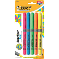 BIC - Brite Liner Grip Surligneurs - pointe biseautée - couleurs variées - Paquet de 5-Rainures douces pour procurer une traction supérieure