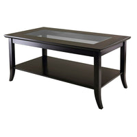 Winsome – Table à café rectangulaire Genoa, verre incrusté, une tablette, espresso-Table à café rectangulaire Genoa avec incrustation de verre et tablette. Dimensions globales de la table : 18 haut. x 40 larg. x 22,28 prof. (po). Dimensions du dessus : 40 larg. x 22,28 prof. (po). Dimensions du verre trempé : 30,43 larg. x 12,48 prof. (po). Dimensions de la tablette : 36,85 larg. x 19,13 prof. (po). Combinaison de bois massif et de bois composite au fini espresso foncé. Assemblage nécessaire.
