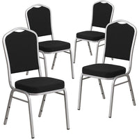 Chaise de banquet HERCULES empilable tissu noir dossier couronne, siège épais 2,5 po et cadre argenté, 4/pqt. [4-FD-C01-S-11-GG]-Ensemble de 4 chaises de banquet polyvalentes