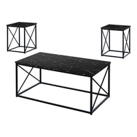 Monarch Specialties - 7954P Ens De Tables - 3Pcs/Marbre Noir/Metal Noir-Cet ensemble de 3 tables pour le salon inclut une table basse et deux tables de bout