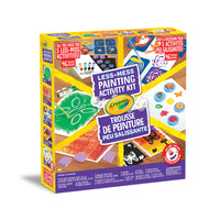 Crayola - Trousse de peinture peu salissante-Materiel De Peinture Pour Enfants : 5 bâtonnets de peinture lavable, 3 peintures lavables antirenversement, 1 crayon de cire noir, 1 crayon de cire blanc, 2 pinceaux à pochoir, 4 timbres en mousse, 2 feuilles de silhouettes autocollantes, grattoir, 20 feuilles de papier, guide d'activites.