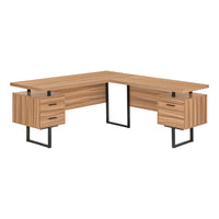 Monarch Specialties - 7612 Bureau 70 po - Faux Bois Pale/Metal Noir/Face L/R-Bureau d'ordinateur à panneaux épais en forme de L au fini faux bois récupéré clair avec 3 tiroirs de rangement et 3 pieds en métal au fini noir