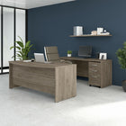 Bureau à devant arqué et crédence avec classeurs mobiles Studio C de Bush Business Furniture - hickory moderne/hickory moderne-Le fini en stratifié thermofusionné protège l’ensemble de mobilier de bureau contre les rayures et les taches