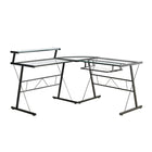 Monarch Specialties - 7172 Bureau - Metal Noir Avec Verre Trempe-Ce bureau d'ordinateur contemporain en forme de L, de style gaming, est revêtu sur tous ses côtés d'un verre trempé transparent et épuré, avec des accents en métal noir, et est relié à un élément d'angle en verre arrondi.