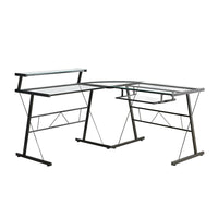 Monarch Specialties - 7172 Bureau - Metal Noir Avec Verre Trempe-Ce bureau d'ordinateur contemporain en forme de L, de style gaming, est revêtu sur tous ses côtés d'un verre trempé transparent et épuré, avec des accents en métal noir, et est relié à un élément d'angle en verre arrondi.
