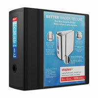 Reliure Better Binder de marque Staples, 5 po, noire-Anneaux en D à capacité de 25 % plus de contenu que les anneaux ronds