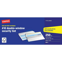 Staples - Enveloppes de sécurité nº 10 à fenêtre double Pliez et collez, 4 1/8 x 9 1/2 po, 24 lb, blanc, boîte de 250-Enveloppes n° 10 polyvalentes, idéales pour l'envoi de lettres, chèques, relevés, factures et autres