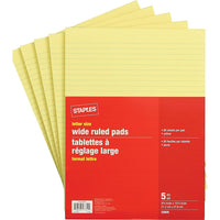 StaplesMD – Blocs de papier jaune de format lettre à réglage large, 80 feuilles, paq./5-Bloc-notes format lettre papier jaune avec large réglure