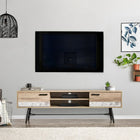 CorLiving - Aurora Banc TV bicolore beige et blanc avec pieds évasés pour les téléviseurs jusqu'à 80 pouces-Les portes munies de charnières d'armoires haut de gamme renferment de grands placards de chaque côté pour tous vos besoins de rangement