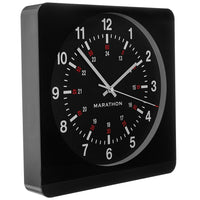 Marathon – Horloge murale surdimensionnée analogique avec veilleuse auto, boîtier noir, cadran noir-La veilleuse s'allume automatiquement lorsque les lumières sont éteintes (panneau solaire pour la détection de nuit)